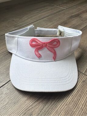 Pink Bow White Velcro Back Adjustable Visor; White Bow Handmade Custom Visor